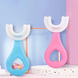 Nurven U- Shaped Toothbrush for Kids Manual Whitening Toothbrush Silicone Brush, 360? Oral Teeth Cleaning Design for Toddlers and Children (2-6 Years Pink - Blue )