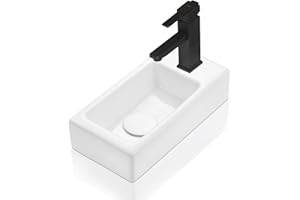 Teal Home Lavabo, lavabo piccolo, lavabo per ospiti, bagno, mini lavabo in ceramica, foro per rubinetto destro, con valvola di scarico pop-up, 37 x 18,5 x 9 cm