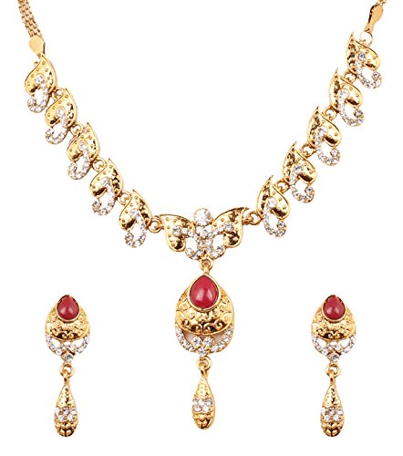 TouchstoneIndian Bollywood Betel Leaf Theme red/White Crystals Jewelry Necklace in Antique Gold Tone for Women