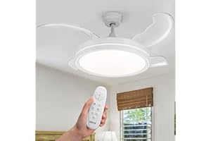 BAKAJI Ventilatore Lampadario da Soffitto Ø106cm in Acciaio e 4 Pale in ABS richiudibili a scomparsa, Plafoniera 36W LED cambio colore, 3 Velocità e Inversione Rotazione, Timer e Telecomando (Bianco)