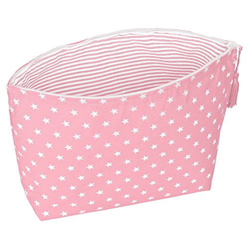 Preisvergleich Produktbild Sugarapple Windeltasche mit Reißverschluss und Quaste, Stofftasche aus Baumwolle ideal als Windeletui, Kulturbeutel oder Kosmetiktasche, Maße: 29 x 19 x 8,5 cm, Rosa Sterne weiß