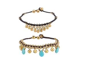PH PandaHall Tobilleras bohemias, 2 tobilleras indias de campana de 24 cm de largo, pulsera de tobillo de campana dorada, turquesa para mujeres y adultos, regalo de joyería de tobillo bohemio para