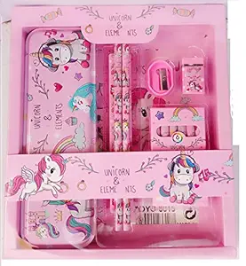 Sillyme Unicorn 8 in1 Mix Stationery Gift Set for Girls Kids - Pink - Pencil Box , Pencil , Eraser,Crayons