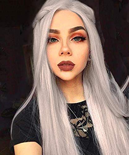 ATAYOU Pelucas Sintéticas A Prueba De Calor Largas Delanteras Grises Del Cordón Para Las Mujeres + 1 Casquillo Libre De La Peluca