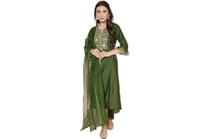 SIRIL Damen Baumwolle Seide Stickerei Gerade Kurta Hose mit Dupatta Set
