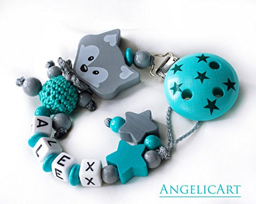 Preisvergleich Produktbild Schnullerkette Junge Fuchs Türkis mit Name