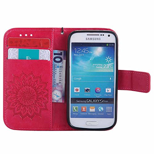 Galaxy S4 Mini Hülle, Dfly Premium Slim PU Leder Mandala Blume prägung Muster Flip Hülle Bookstyle Stand Slot Schutzhülle Tasche Wallet Case für Samsung Galaxy S4 Mini i9190, Rot - 4