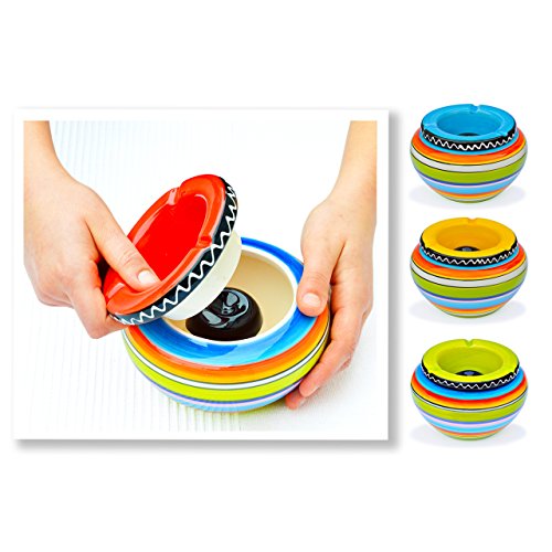 Aschenbecher aus Keramik – 4 Stück – bunt gestreift – mit rotem Deckel – neu - 5