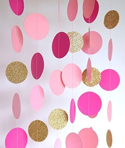 CUTADORNS 2 Sets of 6.5 Feet Long Circle Dots Paper Garland Hanging Décor Fuchsia Pink and Gold Baby Shower Birthday Party Decoration