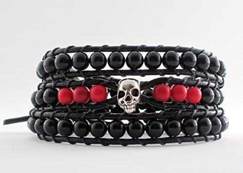 Women's & Men's Skull Jewelry Bracelet with Onyx and Turquoise Reconstituted Natural Stones. Custom Size
