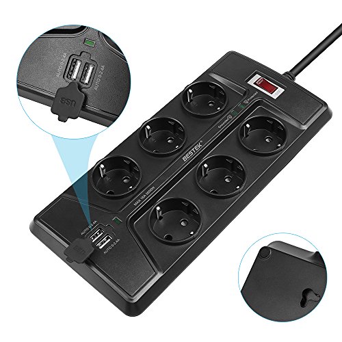 BESTEK 6 Fach schaltbare Steckdosenleiste mit USB(Smart IC), Steckerleiste Wandmontage hat 1500J Überspannungsschutz, 90 Grad gedreht, großer Buchsenabstand, Schwarz