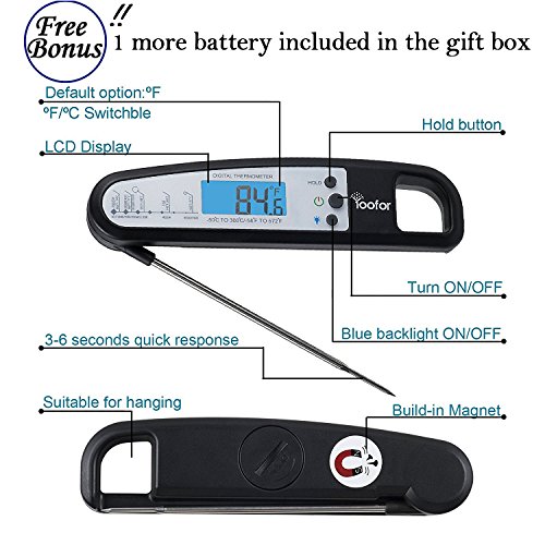 Yoofor Digitales Faltbares Lebensmittelthermometer, Direktes Ablesen mit Extralanger Messsonde zum Grille/BBQ, für Fleisch, Kuchen, Milch und Badewasser, Neueste 2016er Version mit Nachtsicht und Magneten zum Aufhängen - 3