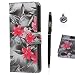 Produktbild Sony Xperia M4 Aqua Hülle, Sony Xperia M4 Aqua Schutzhülle Leder Hülle, Alfort 3 in 1 Flip Wallet Fashion Design Dual Use Falten Premium PU Leder Tasche Case Cover Folio Mappen Kasten Abdeckung für Sony Xperia M4 Aqua 5.0" Smartphone Funktion Unterstützte Telefone mit Rote Blume ( Grau ) + Netter Staub Stecker + Alfort Schwarz Stylus Pen