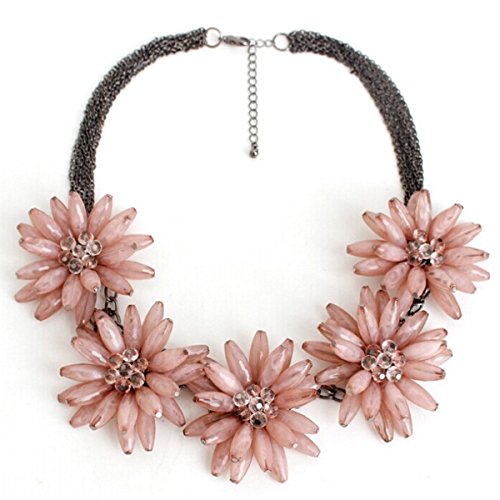 Foxnovo Women's Crystal Flowers Necklace Chain Choker Bib Necklace (Pink)