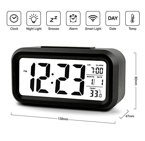 5,3″ LED Digitaluhr Wecker Beleuchtung Digitalwecker Reisewecker mit Datum und Temperatur Anzeige, Schlummertaste, Sensorlicht und Nachtlicht – Schwarz(Black) - 3