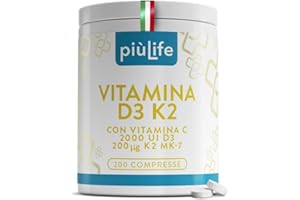 +LIFE Vitamina D3 K2 Mk7 Con Vitamina C PiùLife, 200 Compresse, 1 Al Giorno, Vit D3 2000 UI, K2 200µg, Vit C 125mg, Benessere Delle Ossa, Difese Immunitarie, Regola Livelli Di Calcio E Fosforo