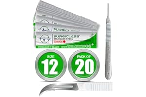 SURGICLASS Skalpellklingen Figur 12 aus Edelstahl 20 Stück steril + Skalpell-Halter - Edelstahl Perfekt für Holzkunst, Chirurgie, Bildhauerei, Laboranatomie, Kartenherstellung, Labortraining SURGIGR12-20