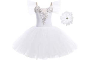 IWEMEK Vestito Ragazze Danza Classica Classico Body con Paillettes Ricamo Bambina Tutu Tulle Ballerina Principessa Swan Lake Abito Outfit con Forcine Pattinaggio Ginnastica Yoga Artistico Costume 4-14 Anni
