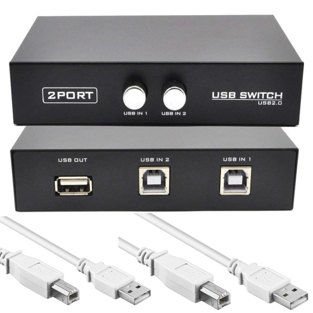 XIKKART USB Switch, Printer Sharing 2 Ports USB Switcher, USB 2.0 Selector Switch for PC Sharing Switch Box with 2 Printer Cable for PC Computer Scanner Printers Projector Camera and Keyboard