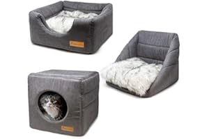 allpetsolutions Cat Small Dog Cosy Cube Igloo Bed, 3-in-1 Foldable Grey Pet Kitten Puppy Soft Cave Bed, Machine Washable with Reversible Cushion – 35 x 35 x 35cm
