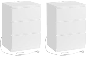 ‎VASAGLE VASAGLE Stolik nocny, zestaw 2 szt., stolik pomocniczy, 3 szuflady, ścięta krawędź, 2 gniazda AC, 2 porty USB, salon, sypialnia, gabinet, nowoczesny, chmurna biel LET831W14