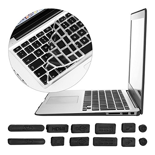 kwmobile 3in1 Set: Crystal Hülle für Apple MacBook Air 13″ (Modelle ab Mitte 2011) Hard Case – transparente 2-teilige Schutzhülle Cover Tasche in Schwarz + 12er Staubschutz-Set + Keyboard Skin Tastaturschutz - 8