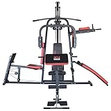 Beinpresse mit großer Metalltrittplatte, Montage auf beide Seite möglich, damit Training von zwei Personen gleichzeitig möglich; Dipstation, Beinhebe & Sit-Up Bank: Dipstation mit integrierter Push-Up Stütze und Beinhebe, Griffhöhe: 156 cm Griffweite: 60 cm, Sit-Up Bank: 90 x 30 cm (L x B), Steigerung 2 fach verstellbar.