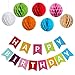 Produktbild KUNGYO Happy Birthday Alles Gute zum Geburtstag Party Dekorationen Bunting Flags Banner, Set von 7 Stück Regenbogen Farbe Tissue Papier Pom Poms