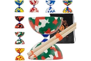 Juggle Dream Juego de diábolos para bufón a partir de 14 años con palos de madera, juego de diábolos de goma Pro mediano con palos de madera y bolsa de transporte en cascada (rojo, blanco y verde)