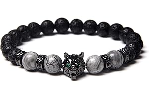 OADAA Save A Wolf Bracelet, Wolf Head Lava Rock Bracelet, Healing Crystal Stress Relief Anti Anxiety Energy Stone Beaded Bracelet, Healing Lava Bracelet for Men (Grey White)