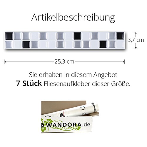 7 Stück 25,3 x 3,7 cm Wandora selbstklebende 3D Mosaik Fliesenaufkleber W1426 schwarz weiß silber - 5