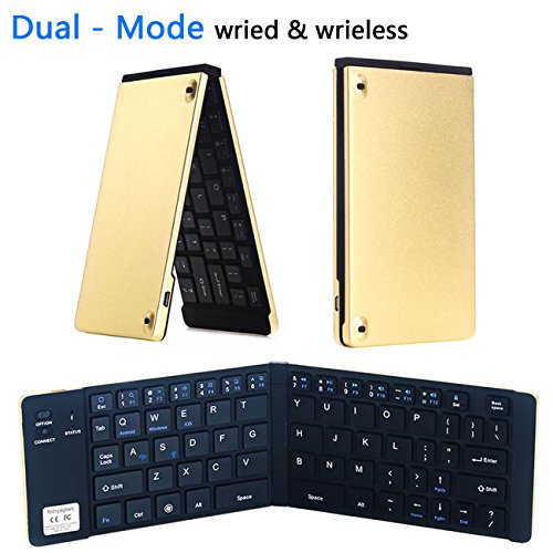 Portable Faltbare Bluetooth Wireless & USB Wried Dual Mode Keyboard Ultra-Slim Full-Size Mini Bluetooth Tastatur Für Android, IOS, Windows, Mac OS, iPhone 7/7 plus / 6plus / 5, iPad / iPad Luft / iPad Mini & Tablet (Golden)