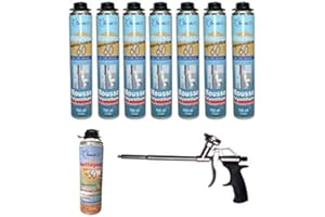 DSTOCK60 - LOT DE 7 MOUSSES PISTOLABLES + 1 PISTOLET + 1 NETTOYANT - MOUSSE EXPANSIVE 750 ML - MOUSSE POLYURÉTHANE PROFESSIONNELLE - ISOLE, COLLE ET REBOUCHE - EXTÉRIEUR ET INTÉRIEUR