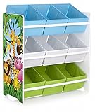 Leomark Holzregal, Regal für Spielzeug. Motiv: Dschungel. Aufbewahrungsregal, Spielzeugregal, Kinderregal, Spielzeugablage mit 9 Schubladen