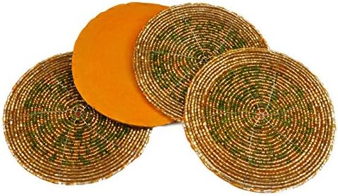 Big Sale Offer Christmas &amp; New Year - Set of 4 - Green and Golden Indian Handmade Beaded 4" Coffee, Tea Coaster Decorations Christmas Ornaments, Perfect for Dinners, Parties, Weddings