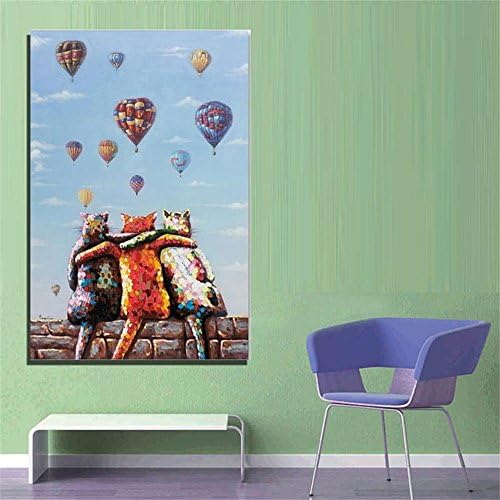 YCRD Modern Art Painting Hand-Painted Oil Painting Hot Air Balloon And Cat Frameless Canvas Home Kitchen Wall Art Background Decoration Mural Print Ready To Hang,40Cm×80Cm