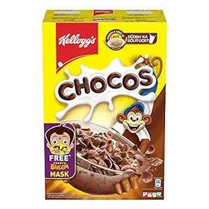 Kelloggs Chocos with Free Mask for Kids | Protein & Fibre of 1 Roti* in Each Bowl**| High in Calcium & Protein | with 10 Essential Vitamins & Minerals | Breakfast Cereals | 385g Pack