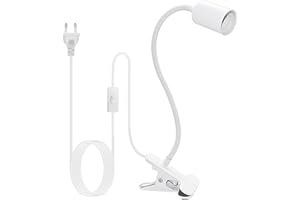 LAKONEI Lampara con Pinza,Portalámpara E27 con Clip,Cuello de Cisne Ajustable 360° Lámpara Lectura Pinza flexo pinza con Interruptor y Enchufe (Blanco Sin Bombilla)