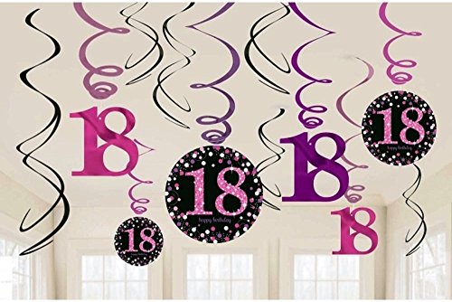 12x Deckenhänger Swirl und Tischkonfetti 18. Geburtstag in pink schwarz violett 18. Happy Birthday - 3