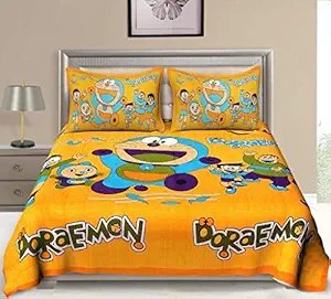 TREE LINIEN Set of Cartoon Bedding Doraemon 100% Rich Cotton Smooth Bedsheet with 2 Pillow Cover, Yellow