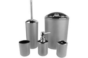 GREENSEN 6-Piece Grey Plastic Bathroom Accessories Set with Toilet Brush, Toothbrush Holder, Soap Dish, Lotion Dispenser, Waste Bin, Modern Decor Collection
