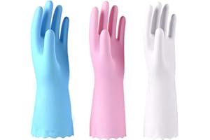 Alimat PluS 3 Pack Reusable Cleaning Gloves Latex Free - Dishwashing Gloves with Cotton Flock Liner and Embossed Palm - Waterproof Household Gloves for Laundry, Gardening (Medium)