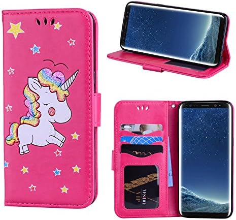 StarryON Samsung Galaxy S8 Case Kickstand Flip Wallet Case, Lovely Cartoon Unicorn Pattern Case PU Leather Cover Credit Card Slot Screen Protector Handy Cash Pouch Phone Sock-(Rose)