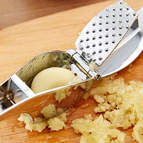 Knoblauchpresse, Knoblauchwippe in Metallbauweise, aus Edelstahl, solide und ergonomisch, mit Knoblauchschäler (One Silber Knoblauchpressen) - 5