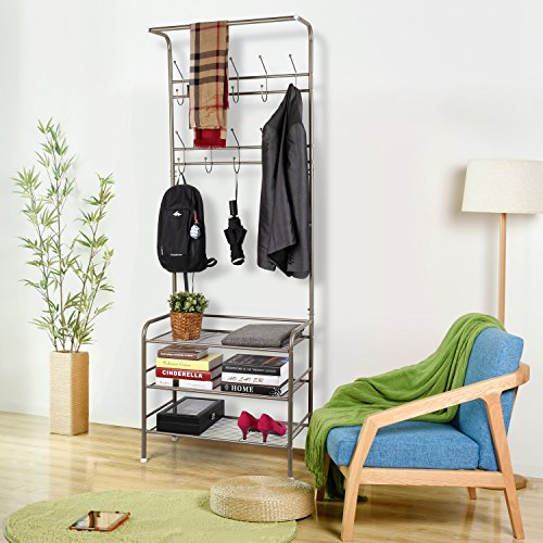 HOMFA Kleiderständer Schuhregal Garderobenständer Garderobenhaken Flurgarderobe Garderobenmöbel 3 Ablagefächer Schuhablagen mit 20 Haken,68.5x34x190cm(Champagnerfarbe) - 5