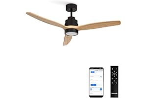 CREATE / WINDSTYLANCE/Ventilateur de plafond avec lumiére, Wifi et télécommande, noir pales bois naturel / 40W, silencieux, Ø132 cm, 6 vitesses, programmable, fonction été-hiver