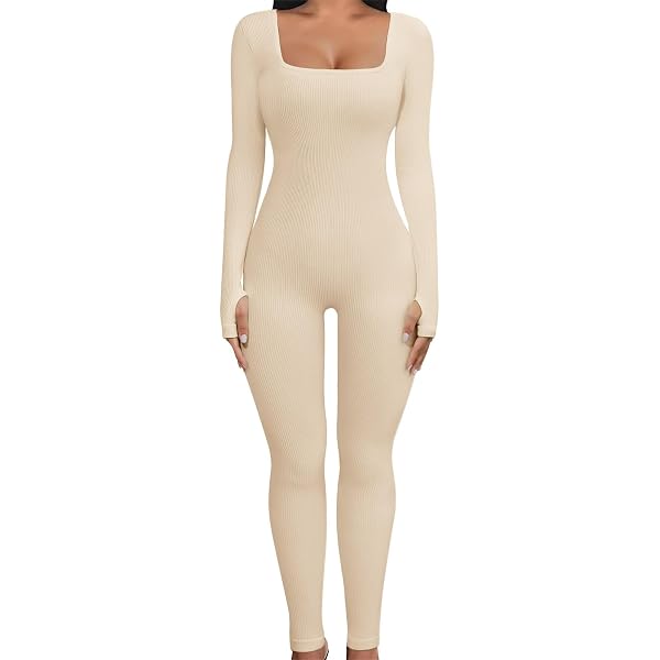 Combinaison Femme Moulante Côtelée - Manches Longues, Col En U, Pour Sport, Yoga Ou Sortie