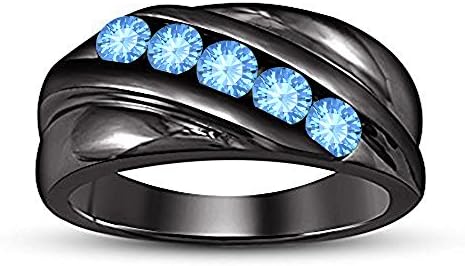 .925 Sterling Silver 14k Black Gold Plated Round Cut Created Blue Topaz Five Stone Men's Wedding Band Anniversary Ring