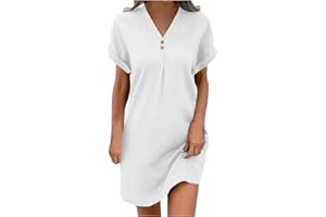 KQIVAM Robe Lin Coton Femme Ete Chic Elegant Tunique Robe Manches Courtes Ample Casuel Couleur Unie Robes avec Boutons Col V Robes De Plage Pas Cher Grandes Tailles Dress pour FêTe Vacances