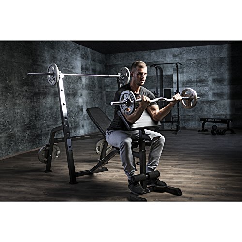 Gorilla Sports Hantelbank mit separater Ablage – klappbare negativ Trainingsbank mit verstellbarem Curlpult und Langhantelablage - 8